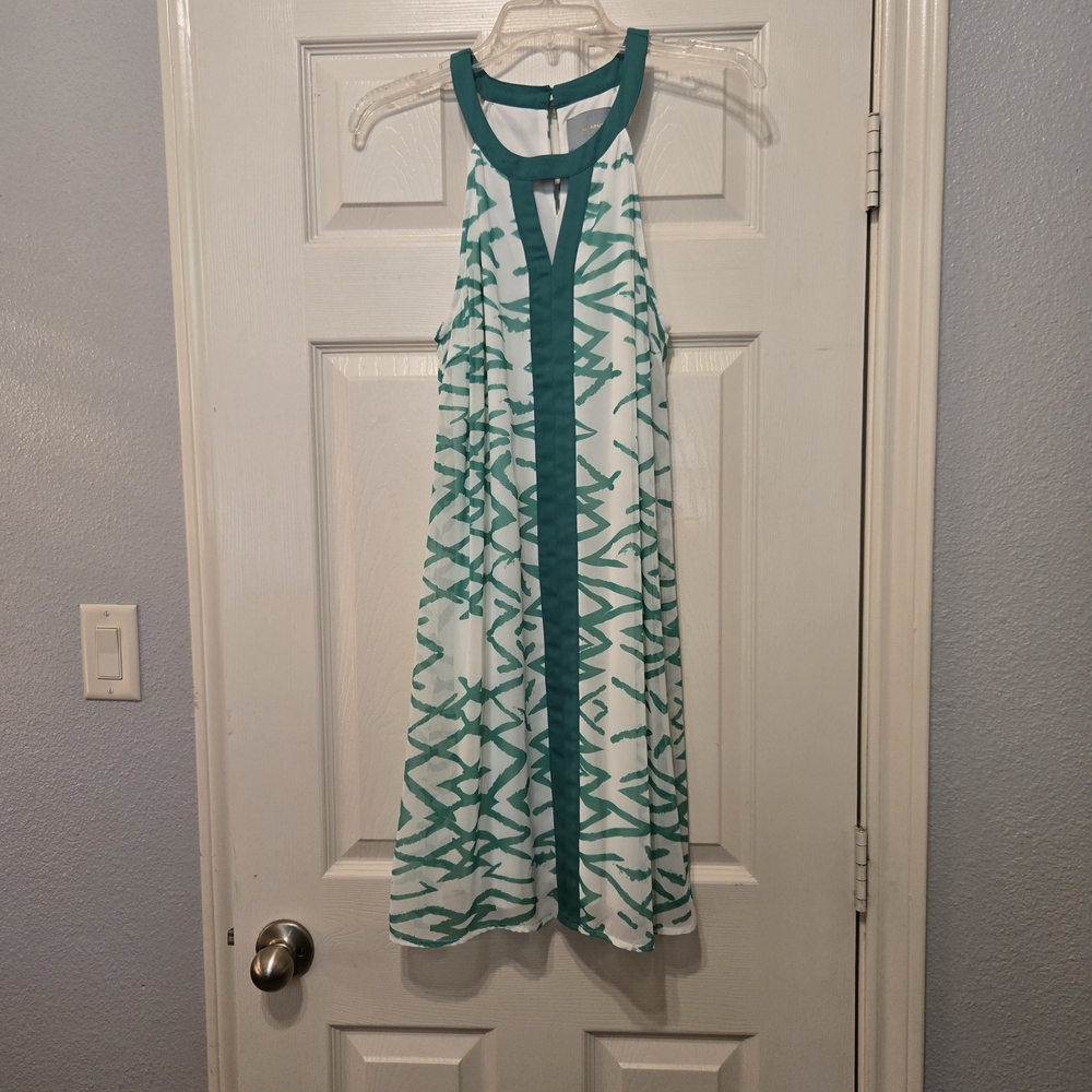 Skies Are Blue White Midi Dress with Teal Geometric Trim